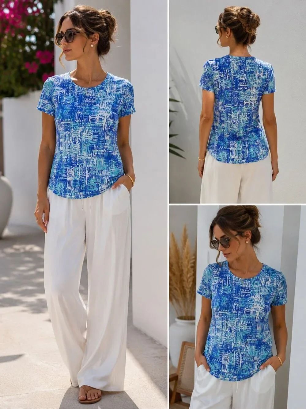 Gloria Vanderbilt Blue Abstract Print 100 Cotton Short Sleeve Tee Top Womens M